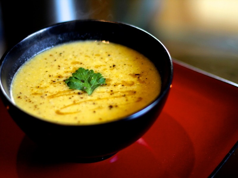 Winter warm sweetcorn and sesame soup.