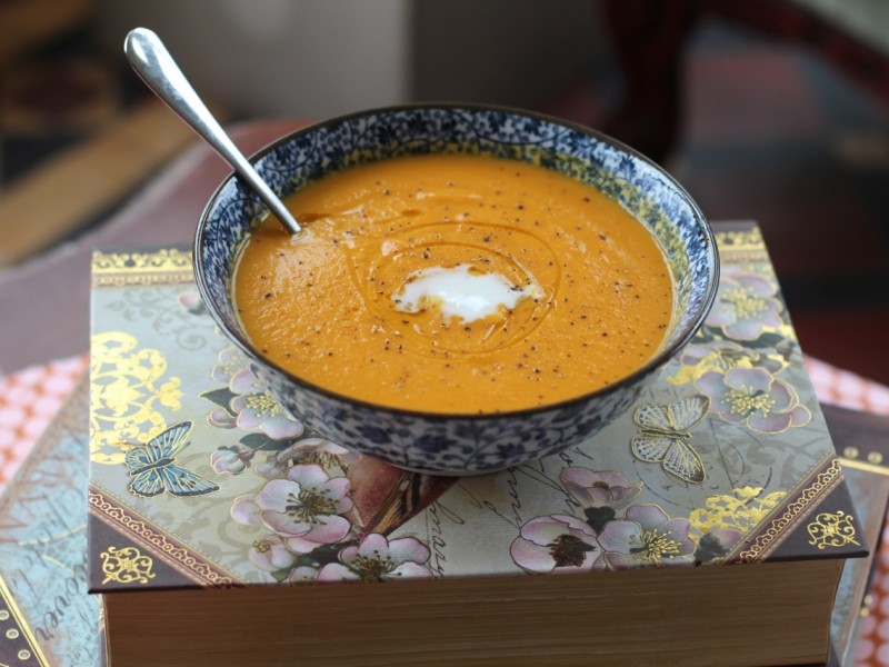 Spiced Creamy Carrot and Sweet Potato Soup.